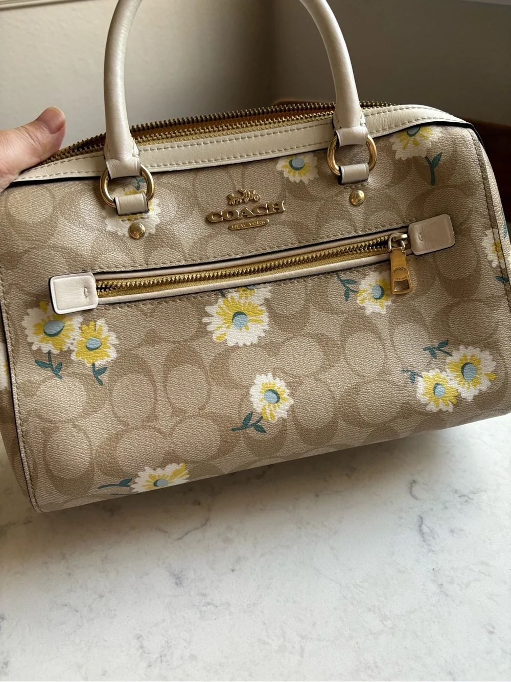 Coach Beige Floral Signature Satchel with Cream Handles